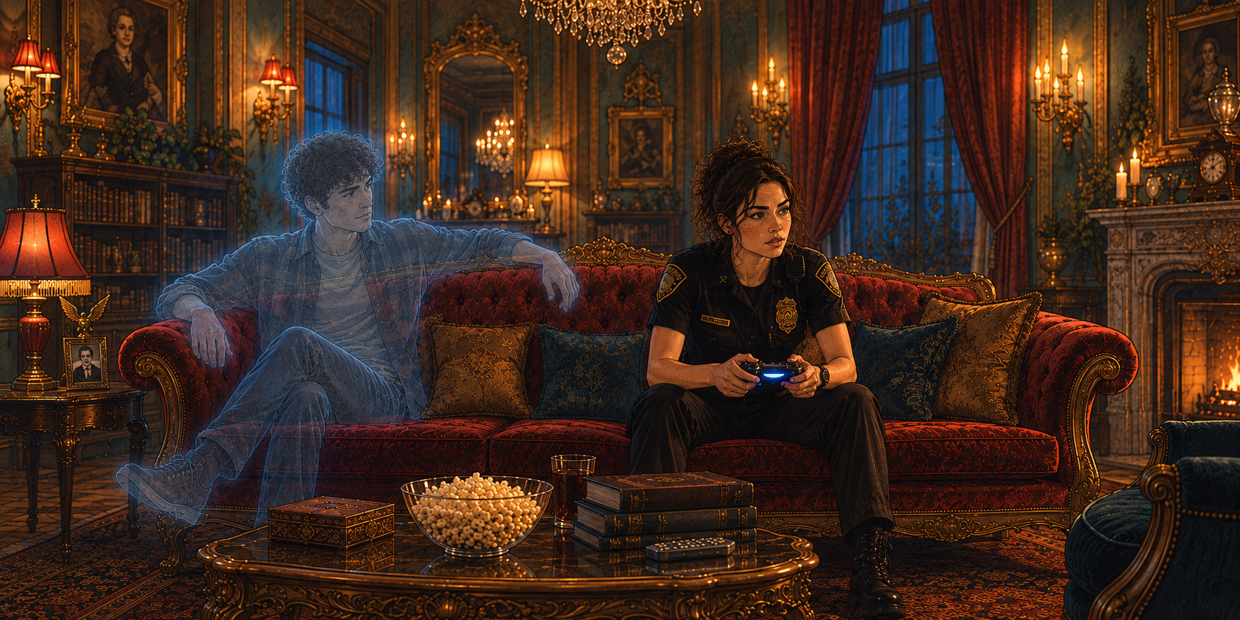 Dawn plays a video game in Blythe House while a translucent Doug watches from the sofa.
